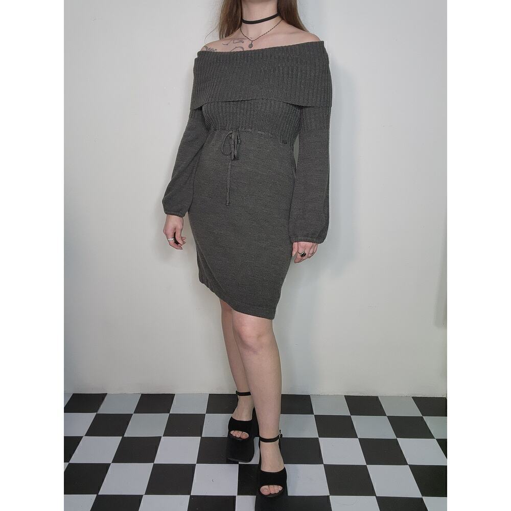 Gray Y2k Off Shoulder Knit Lantern Sleeve Dress - Picture 3 of 7